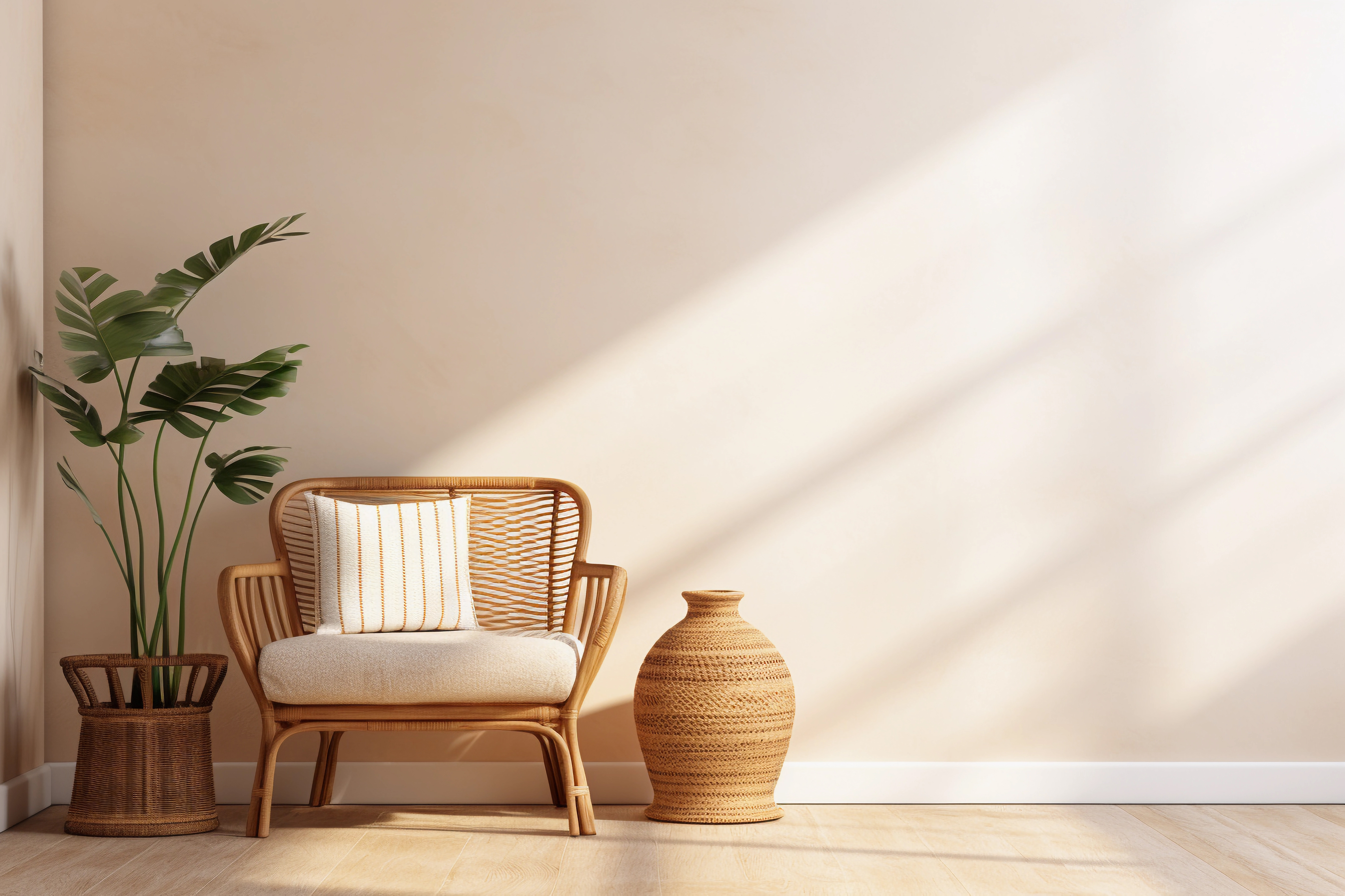 Empty beige wall mockup in boho room interior with wicker armchair and vase. Natural daylight from a window.